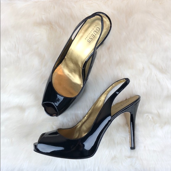 black patent peep toe slingback heels